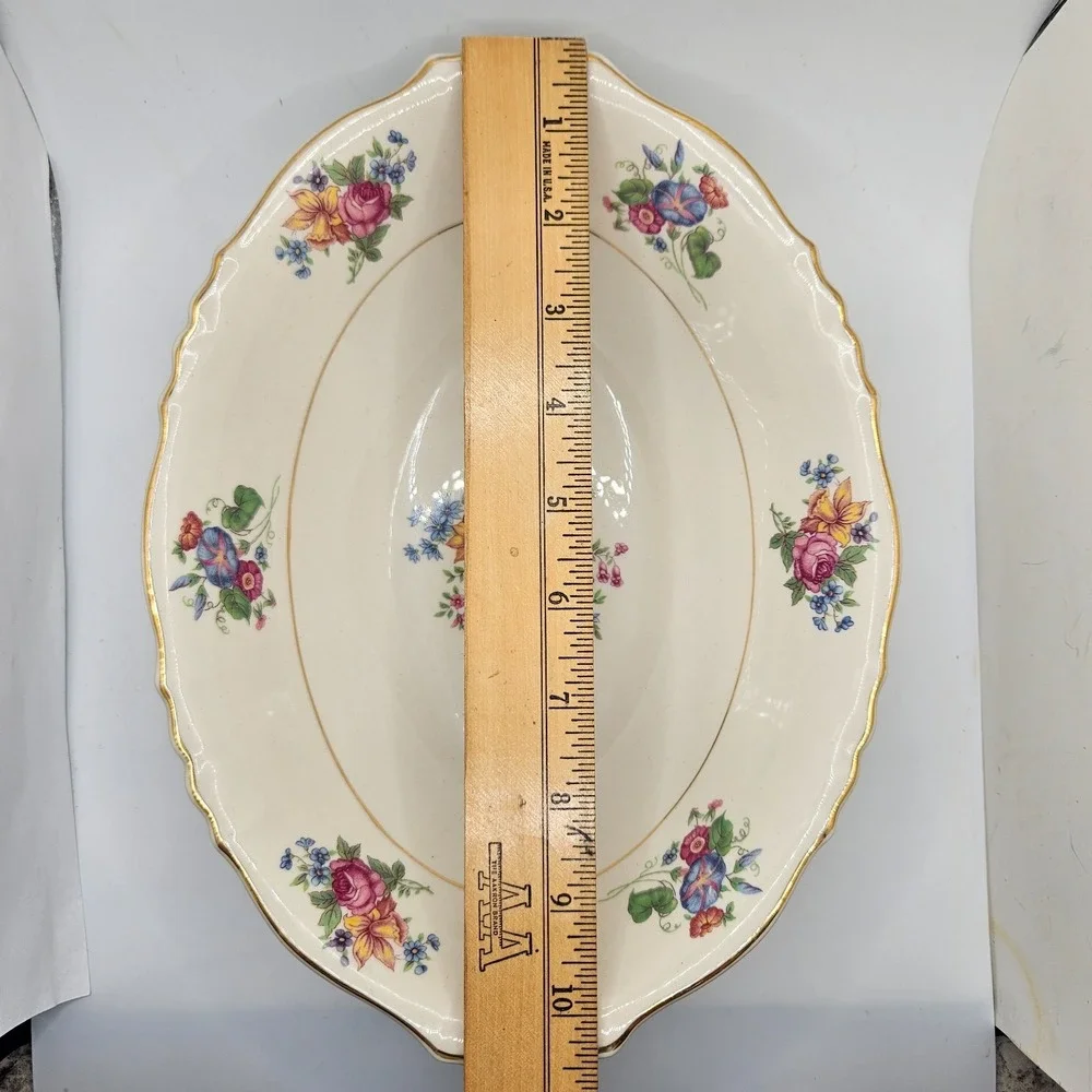 Vintage Syracuse China Federal Shape Oval Serving Bowl Floral Gold Tone Trim 10